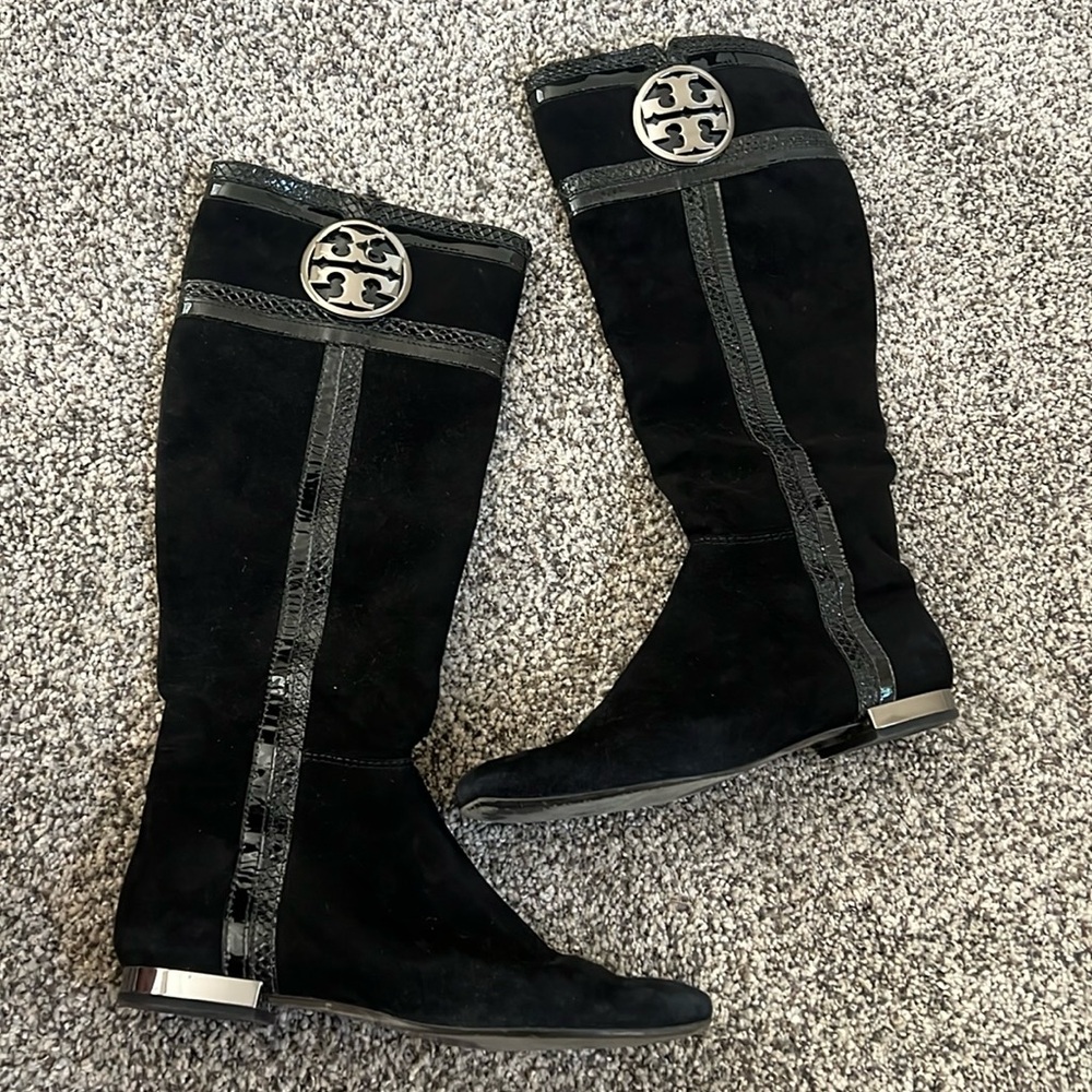Tory Burch Sabina Suede with Snakeskin Embossed Patent Leather Trim Boots Sz 7.5